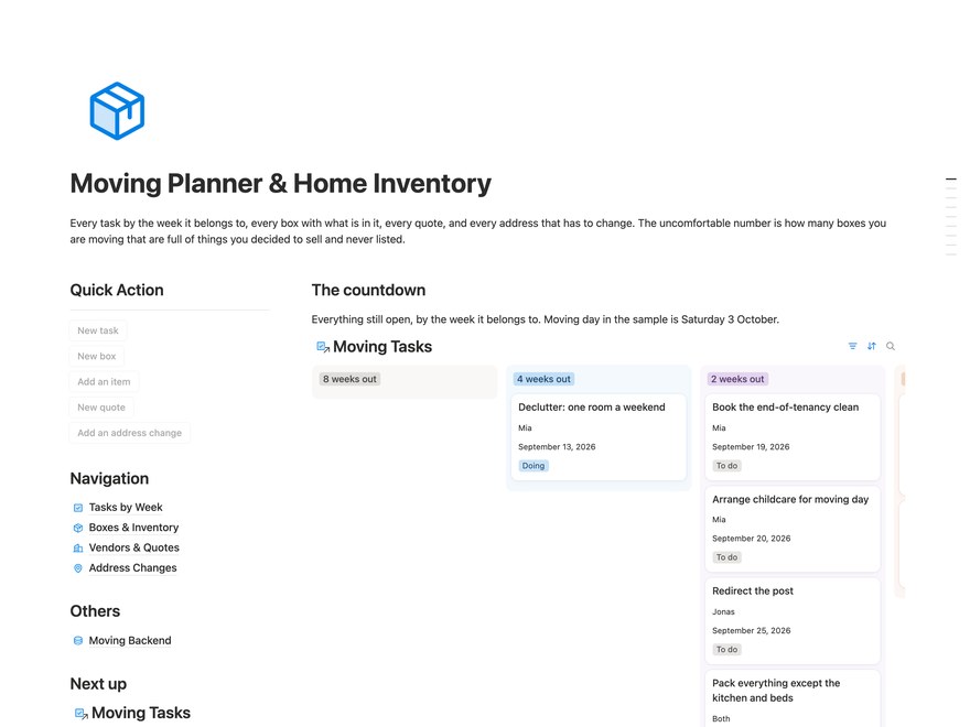 Moving Planner & Home Inventory Notion Template