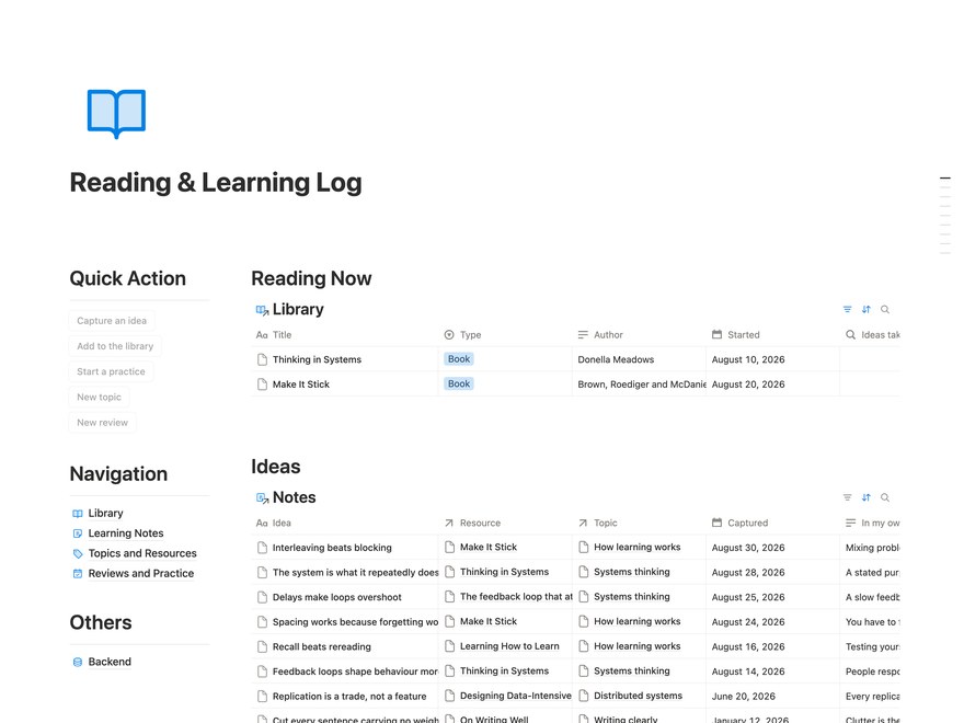 Reading & Learning Log Notion Template
