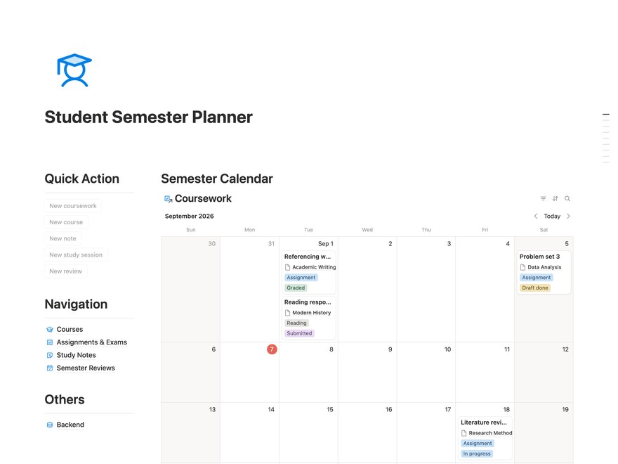 Student Semester Planner Notion Template