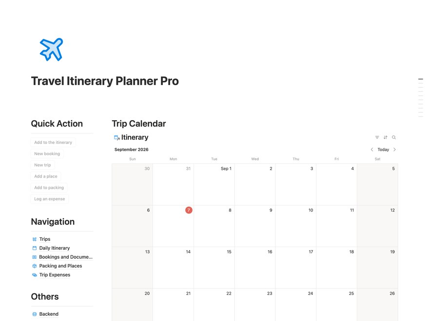 Travel Itinerary Planner Pro Notion Template